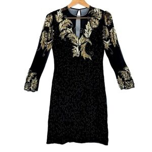 Vintage 1980s Black Silk Sequin Mesh Party Dress Size Medium Glam Cocktail Mini‎
